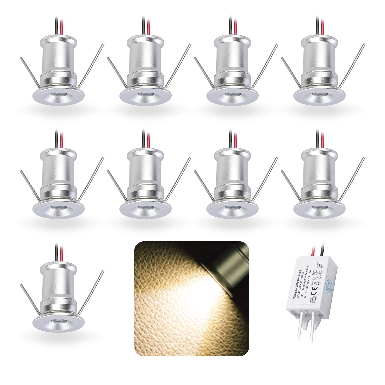 kpslucerna 9pcs 12V 1W Mini LED Downlight, IP65 Water Resistant Small Recessed Spotlight, 15mm Round Plinth Spot Light Cabinet Showcases Displays Wall Kitchen Staircase Bathroom(Silver Warm 30°) — image 1