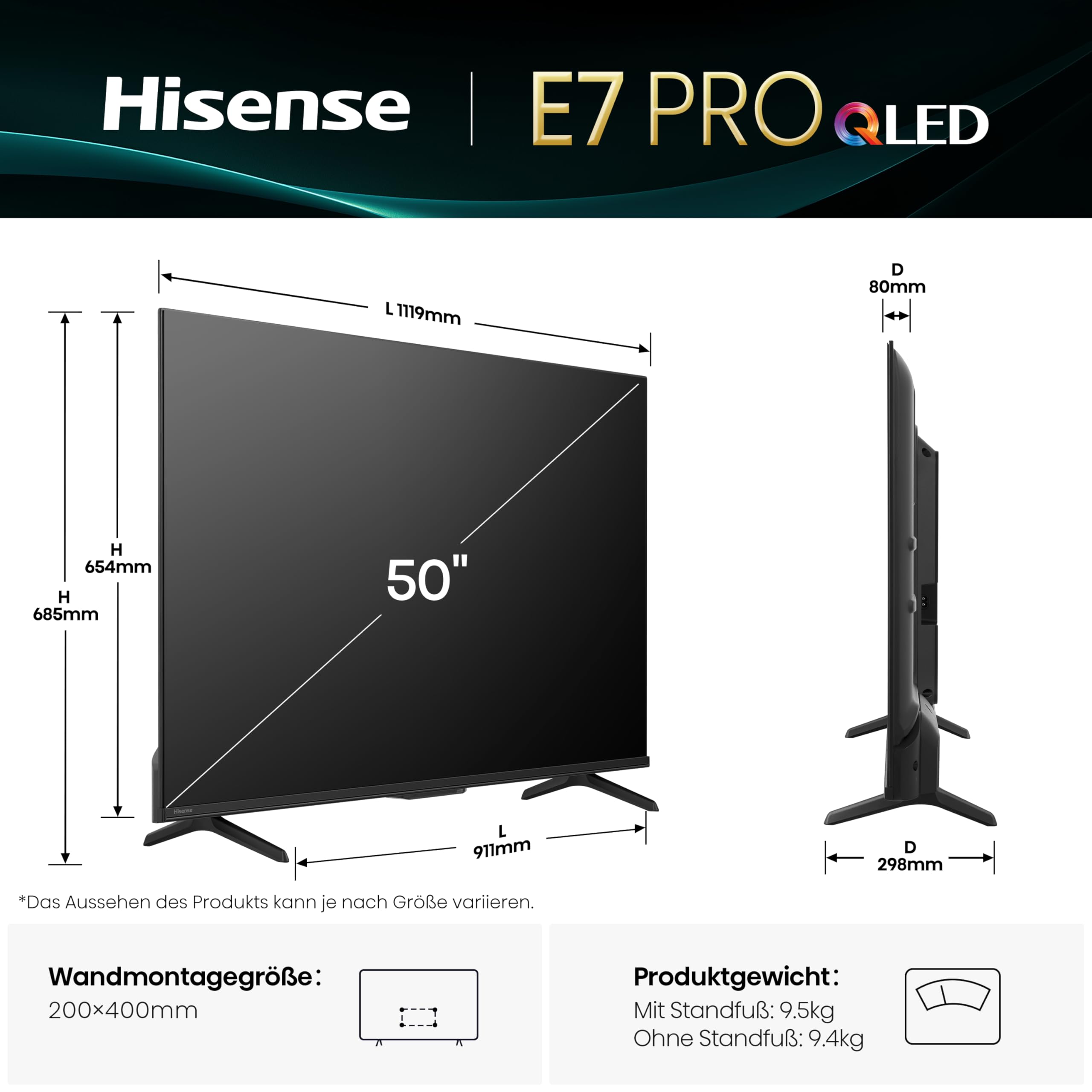 Hisense 50E7Q PRO Fehrnseher,50 Zoll, 4K UHD QLED, Smart TV,144Hz Game Mode PRO,Filmaker Mode, AMD FreeSync Premium,AI HDR Upscaler,Dolby Vision IQ,Dolby Atmos,Sprachsteuerung [2025] 2