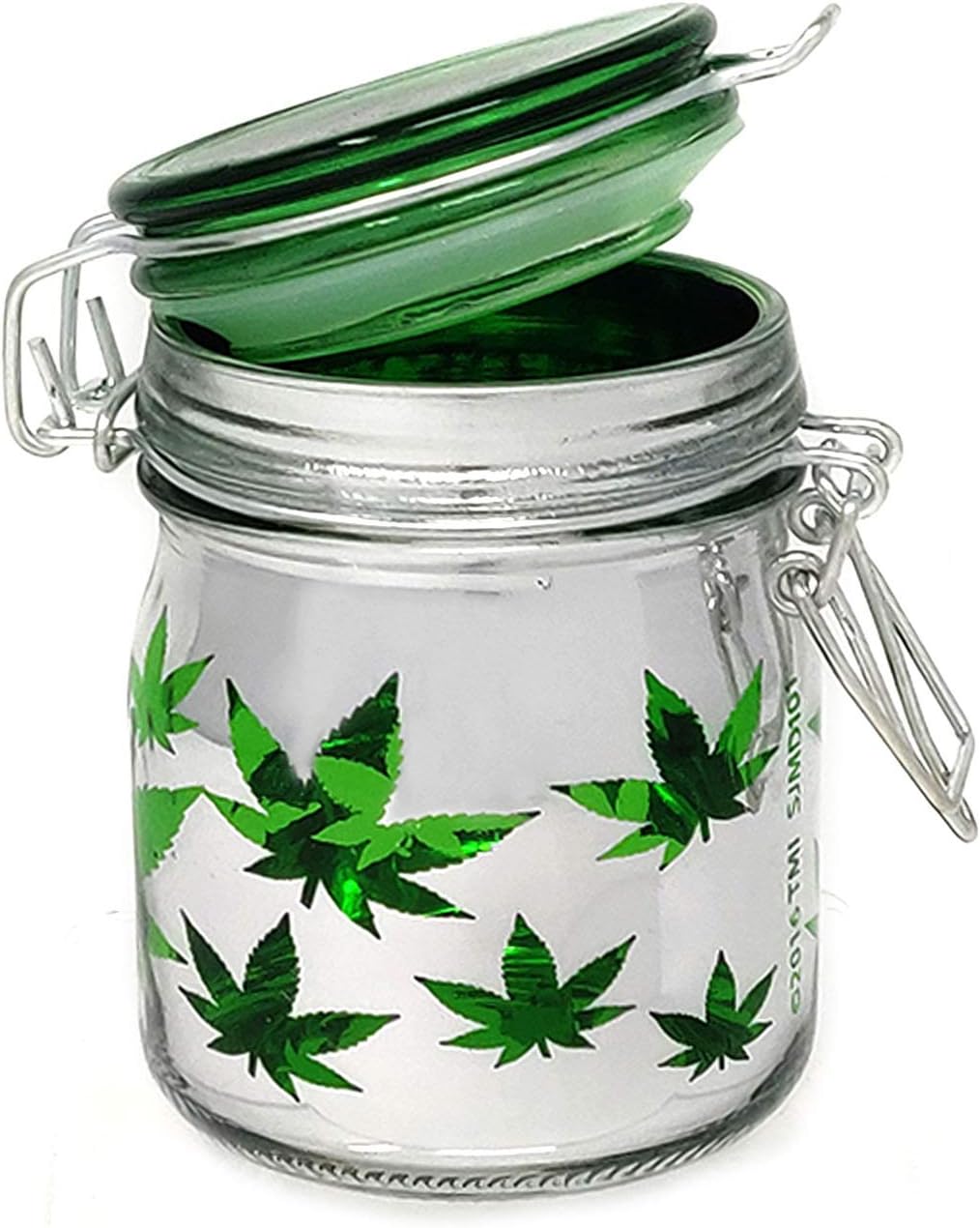 Airtight Glass Herb Stash Jar Metallic Silver and Green Leaf Design with Clamping