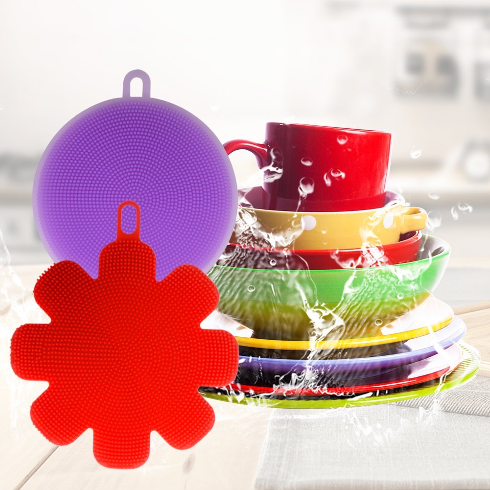 Silicone Sponge Multipurpose Antibacterial Silicone Scrubber for Kitchen Brush Pot Pan Dish Bowl -Wash Fruit and Vegetable -Pot Holder (4, Purple+red)