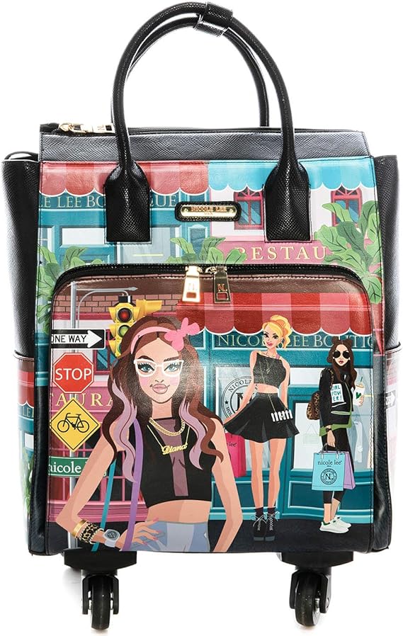 Nicole Lee Women's Graphic Pink Rolling Tote Bag with 4