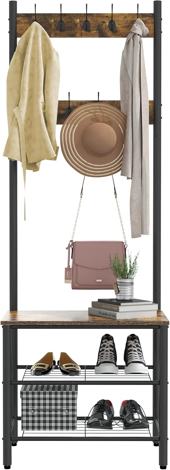 Gadroad Coat Rack, Shoe Bench, 3-in-1 Entryway Hall Tree with Storage Shelf and 9 Hooks, Accent Furniture with Metal Frame, Rustic Brown and Black: Home Improvement