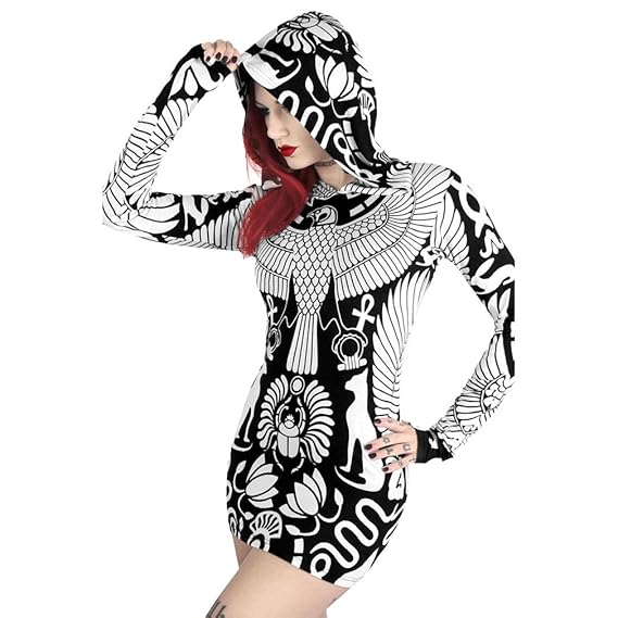 Killstar Damen Kapuzen Kleid/Kapuzenpullover Okkult - Vulture Hood Antike ägyptische Symbole