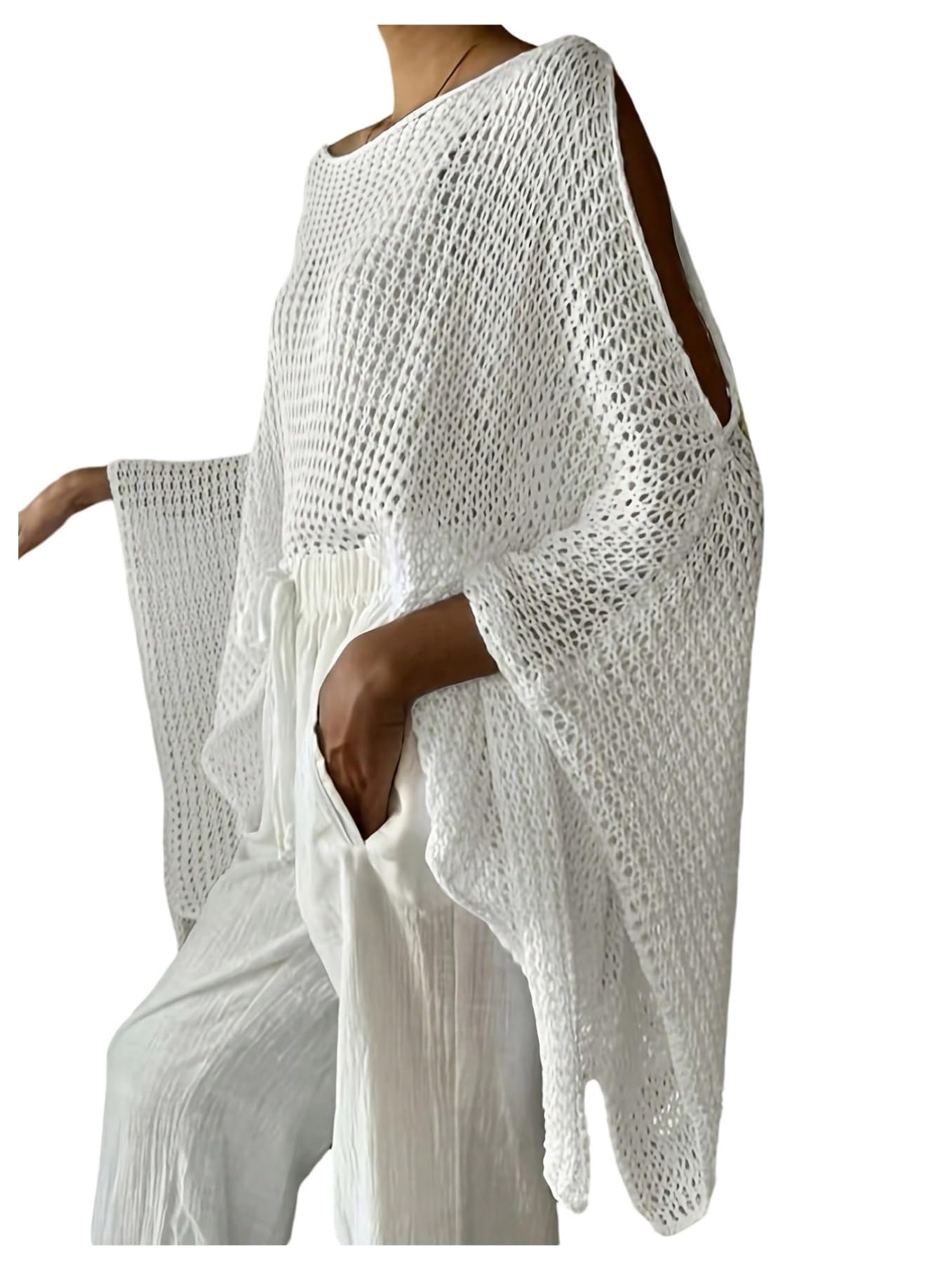 Photo 1 of GORGLITTER Women's Sheer Knit Poncho Top Cold Shoulder Dolman Sleeve Crocheted Boho Sweater White Small