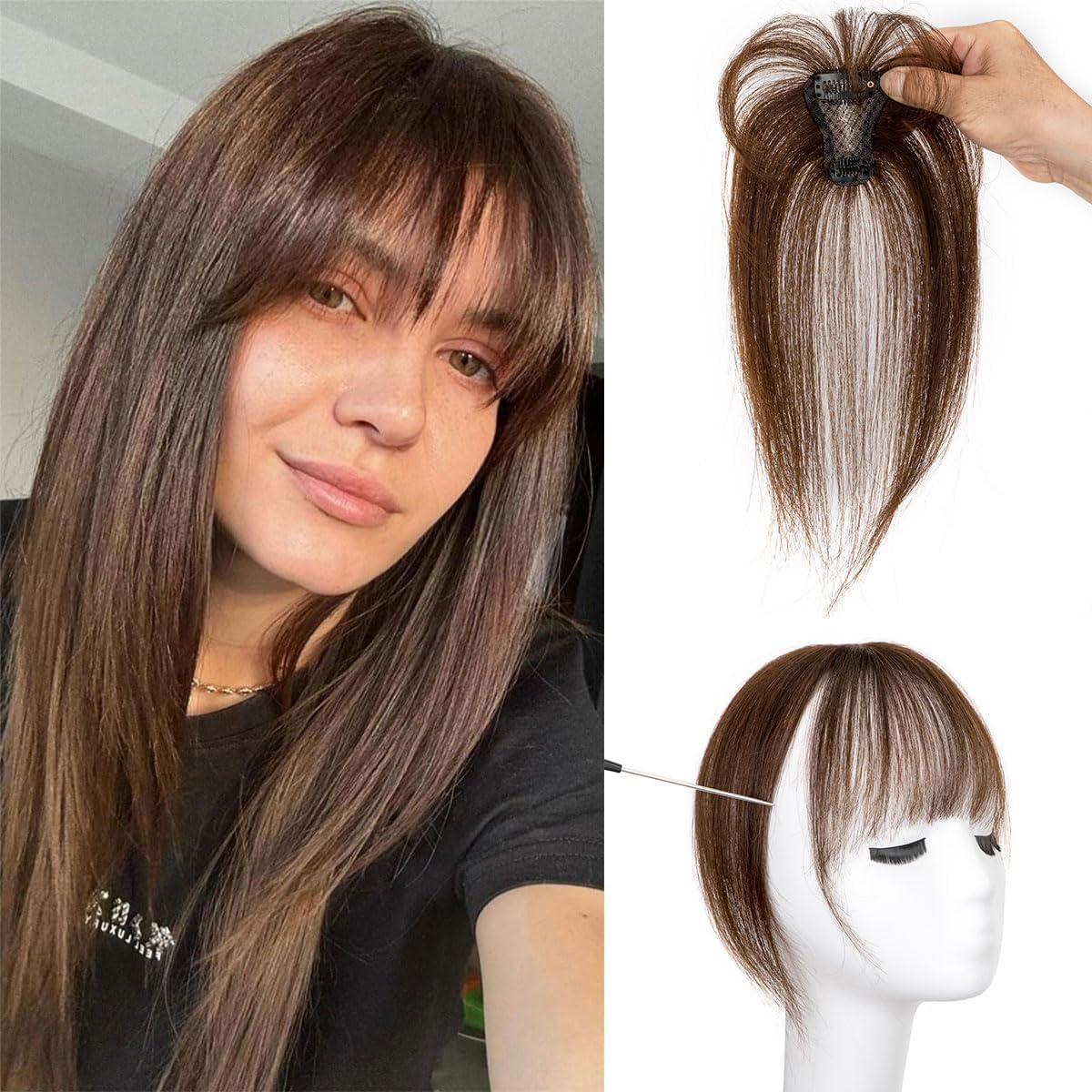 Clip In 360° 3D Cover Clip in Hair Toppers with Bangs, Brown Hair Pieces for Women, Daily Wear — image 1