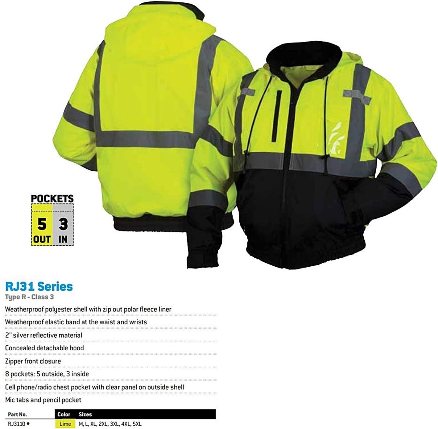 PYRAMEX RJ31 Series Lumen X Class 3 Fleece Bomber Safety Jacket, Lime, X-Large - - 