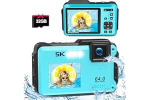 MURAUX 5K 64MP Underwater Camera, 16FT Waterproof Digital Camera with Selfie UHD Dual Screen, Digital Underwater Camera for Snorkeling with WiFi, 16X Digital Zoom, 32GB Micro Card and 1200mAh Battery