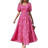 PRETTYGARDEN Puff Short Sleeve Cewneck Floral Long Fall Dresses for Women 2025 Flowy Tiered Hem Maxi Wedding Guest Dress