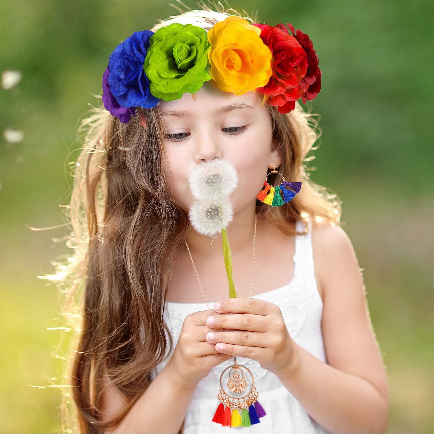 Women Gay Pride Floral Crown Headband Set Rainbow Rose Flower Headband Hair Wreath with Colorful Tassel Earrings and Necklace for Gay Pride Festivals Garland Party Holiday Accessories - Image 5