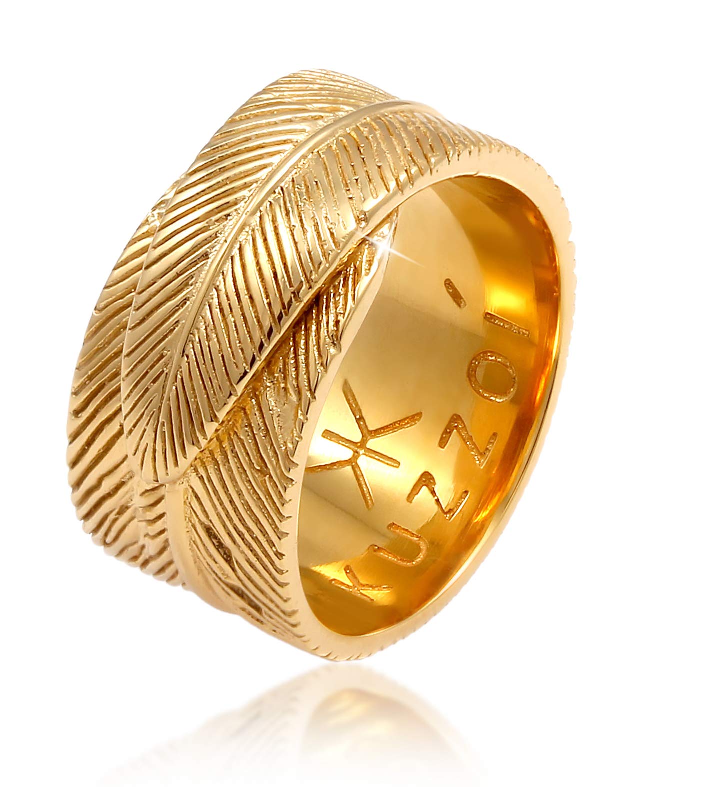 Kuzzoi Solid Men's Ring (14 mm) Golden in Feather Design, Band Ring for Men Made of 925 Sterling Silver, Gold-Plated, Ring in Vintage Look for Men in Ring Size 60 – 66, 0606831520, 66, Sterling Silver