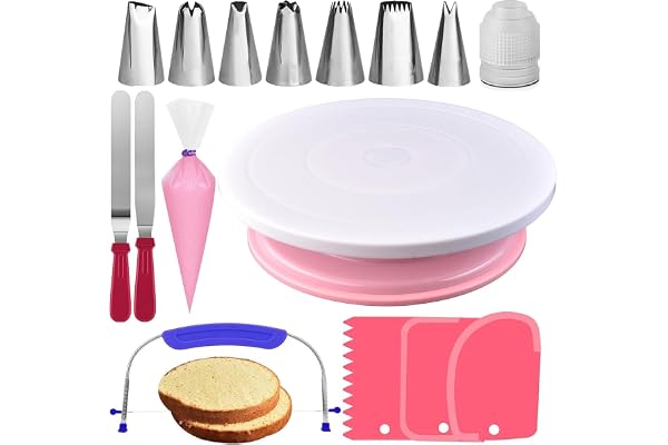 RFAQK 35 PCs Cake Decorating Kit with Cake Turntable -Leveler- Cake Stand with Non slip Base-7 Piping Tips & 20 Bags-Straight