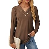 SHEWIN Women Long Sleeve Lightweight Tunic Tops Casual V Neck Pleated Button Warm Tee Shirts