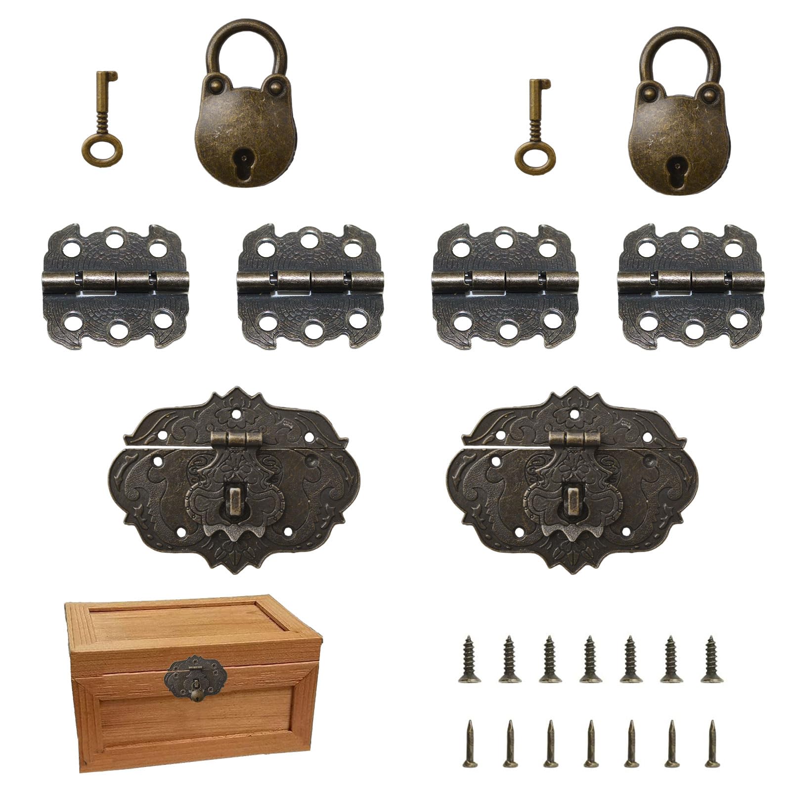 MOROBOR Antique Jewelry Box Antique Lock Latch Hasp Butterfly Hinge Mini Bear Padlocks with Key for DIY Jewelry Box, Wood Case Jewelry Chest Storage Box 2 Sets 8 PCS Box not Included