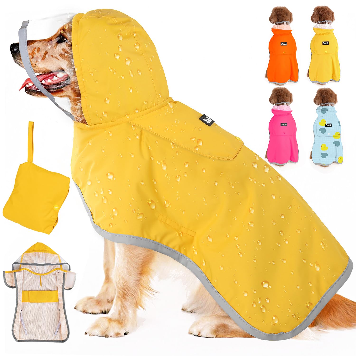 Eyein Dog Raincoat Waterproof, Hooded Dog Rain Coat with Mesh Lining Lightweight, Adjustable Dogs Jacket Poncho with Storage Pocket Reflective for Small Medium Large Dogs