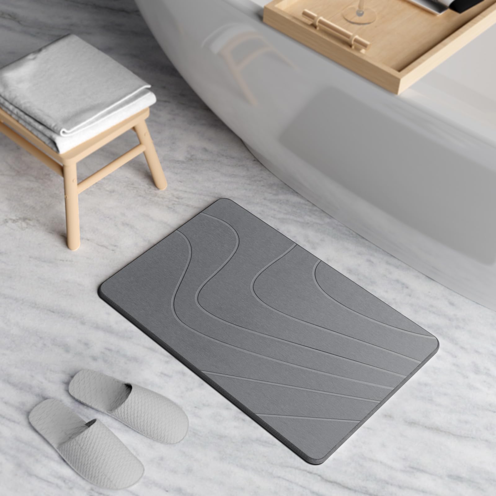 CSTDE Stone Bath Mat, Diatomaceous Earth Shower Mat, Non-Slip Quick Drying Bathroom Floor Mat, Super Absorbent Bath Mat Large, Grey Bath Mat 23.5" x 15.5"