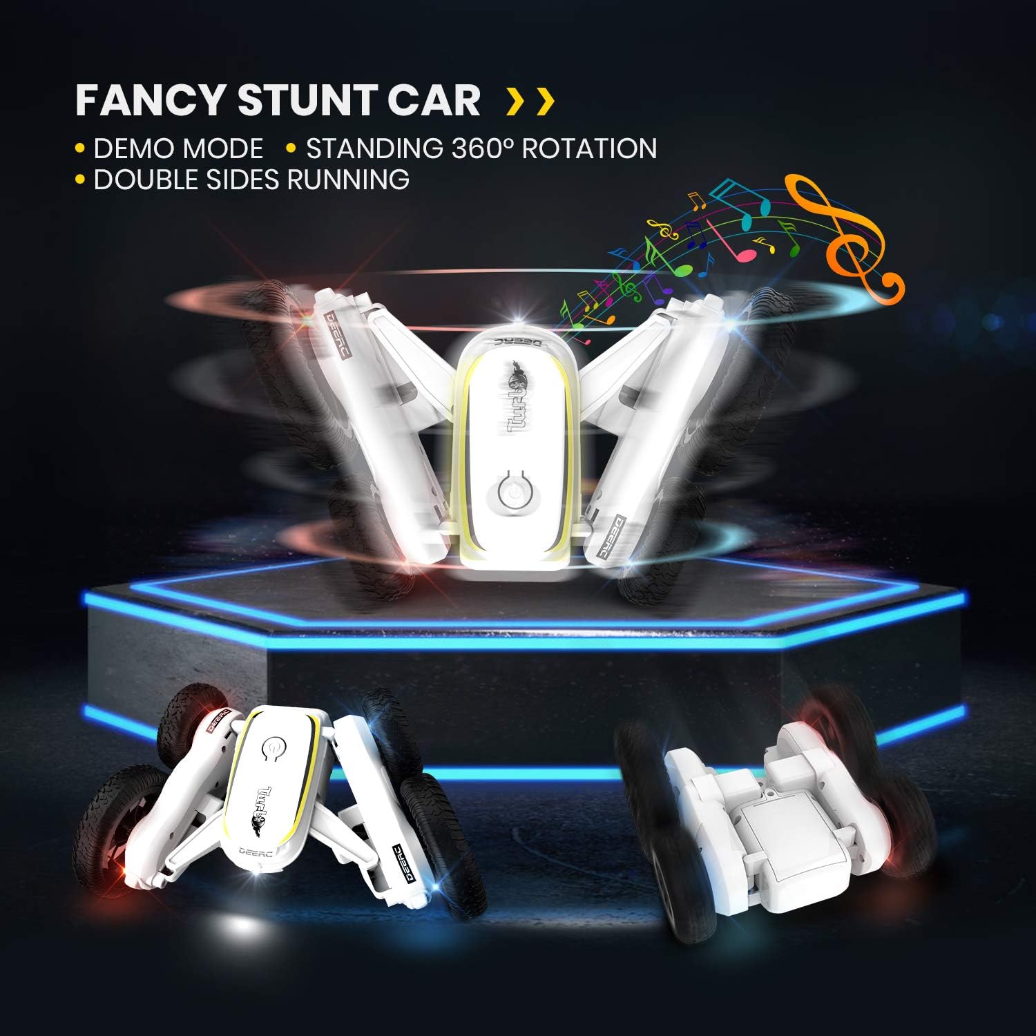 DEERC RC Stunt Cars Remote Control Car Toys for Kids, Demo Mode Music & Led Lights Control, 4WD Double Sided Fancy Rotating 360° Flips Vehicles, 2 Batteries for 50 Min Play, Toy Gifts for Boys & Girls: Toys & Games