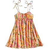SOLY HUX Women's Boho Floral Print Mini Dress Tie Shoulder Spaghetti Strap Ruffle Hem Flowy Cami Dresses Sundress