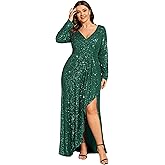 Ever-Pretty Women's Plus Size Long Sleeves Sequin Dress Formal Evening Gowns A-Line Pleated Cocktail Gala Party Dresses