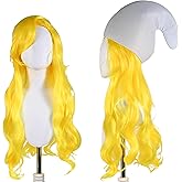 abouder Women Long Yellow Wavy Wig Fluffy Curly Anime Cosplay Hair with Bangs for Funny Halloween Costume Party+White Gnome Hat