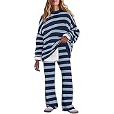 LAMISSCHE Oversized Womens Lounge Set Striped Sweater Set Long Sleeve 2 Piece Pajama Set Top and Pants with Pockets