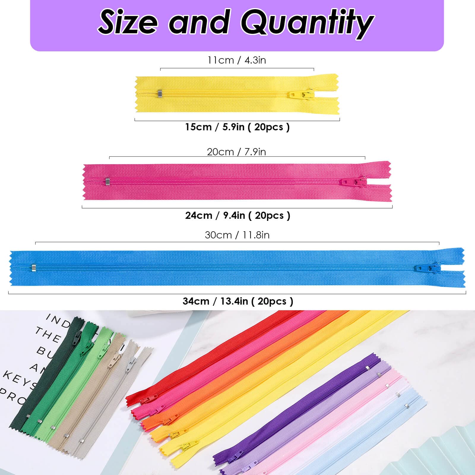Nylon Zippers in Assorted Lengths and Colors - Bulk Zippers for Making Bags, Pouches, Pillow Covers & Sewing Crafts Projects