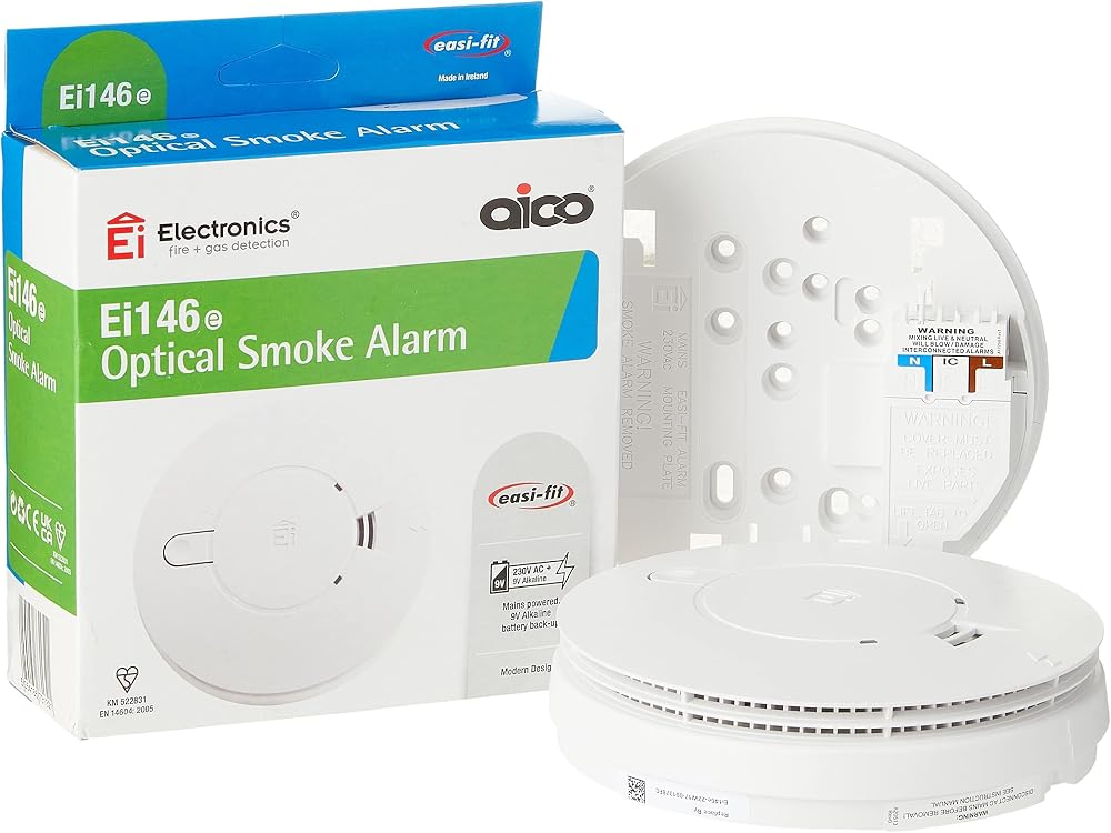 Aico Ei146e Optical Smoke Alarm 230V AC Mains + 9V Battery Back-Up