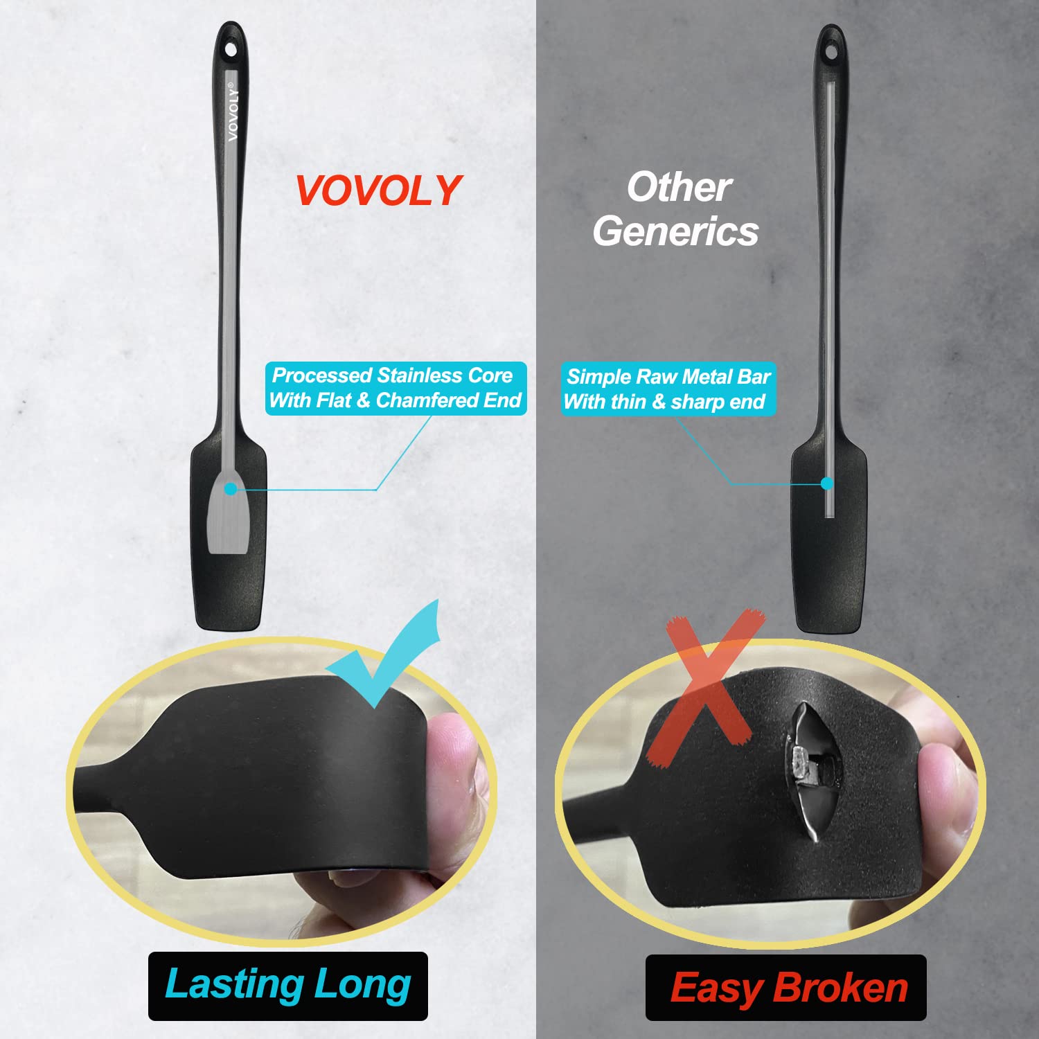 VOVOLY Silicone Jar Spatulas, Long Handle Jar Spatulas, 600ºF Heat Resistant Small Spatula, Seamless Design, Stainless Steel Core, BPA Free Spoonula (3, Mixed)