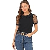 Allegra K Women's Peter Pan Collar Shirt Tops Short Sleeve 1950s Vintage Polka Dots Mesh Sleeve Blouse