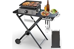 Pariplus Upgraded Gril Table Stand for Blackstone 17” & 22” Griddle, Ninja Woodfire Outdoor Grills, Ooni Pizza Oven, 34"x20" Foldable Grill Cart with Wheels and Handle for Camping & Backyard BBQ