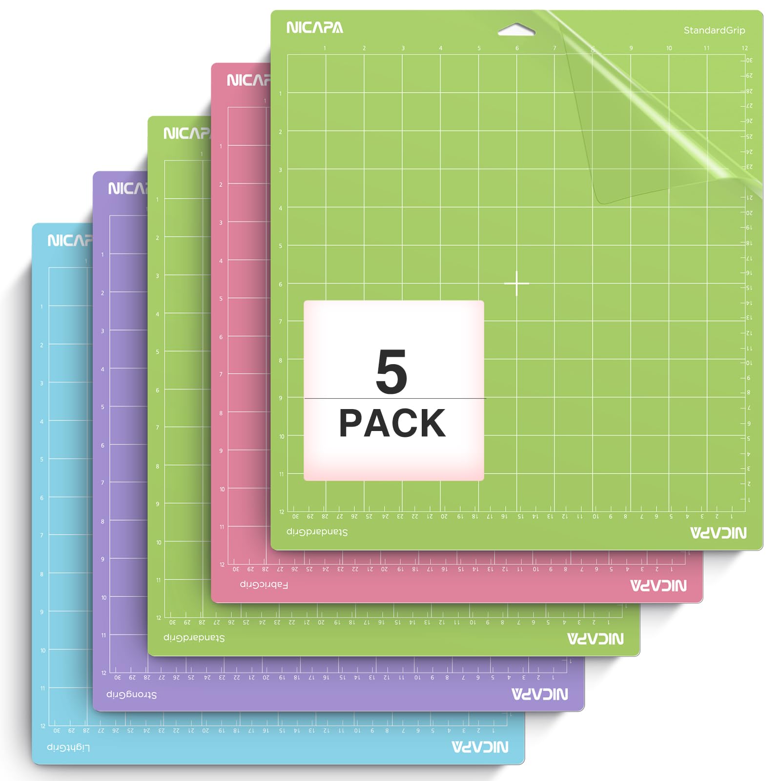 NICAPA Replacement 12x12 Cutting Mat for Cricut Maker 3/Explore 3/Air 2/One/Maker Accessories 5 Pack,2xStandardgrip+1xLightgrip+1xStronggrip+1xFabricgrip Sticky Non-Slip Cut Mats Set