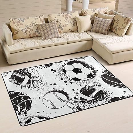 Fun-World Area Rug Negro Blanco Baloncesto Fútbol Fútbol Béisbol Área