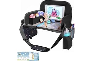 MENZOKE Kids Travel Tray, Travel Tray for Kids Car Seat with Educational Drawing Board, Tablet Holder & Cooler Cup Holder, Po