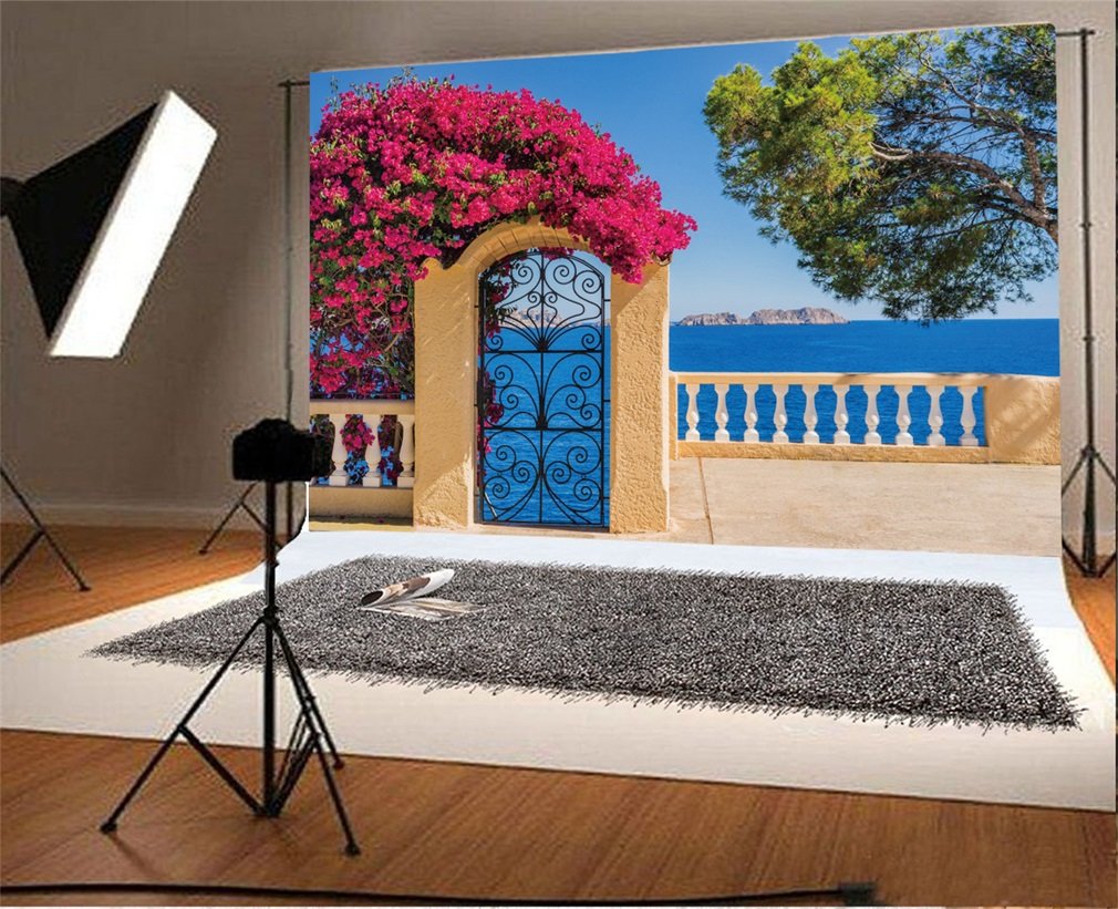 YongFoto 3x2m Photography Backdrop Idyllic View to Mediterranean Sea Coast Red Flowers Photo Background Backdrops Photography Photo Shoots Party Adults Wedding Personal Portrait Photo Studio Props