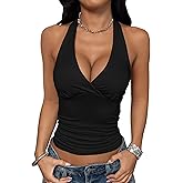 ZAFUL Women's Halter Crop Tank Tops Y2k V Neck Sleeveless Cami Tops Ruched Slim Fit Going Out Top