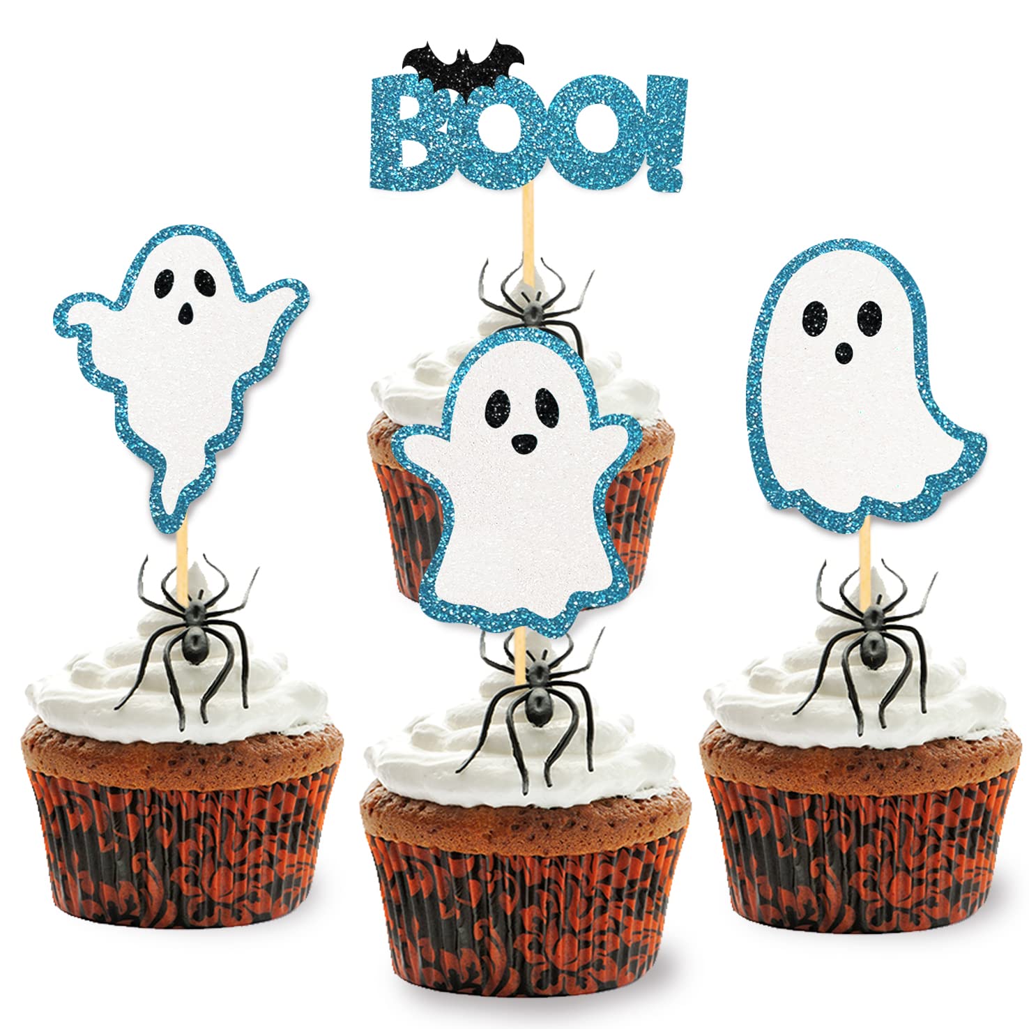 Photo 1 of 24 Pack Glitter Halloween Ghost Cupcake Toppers - Baby Shower Decor Gender Reveal Decorations (Blue)