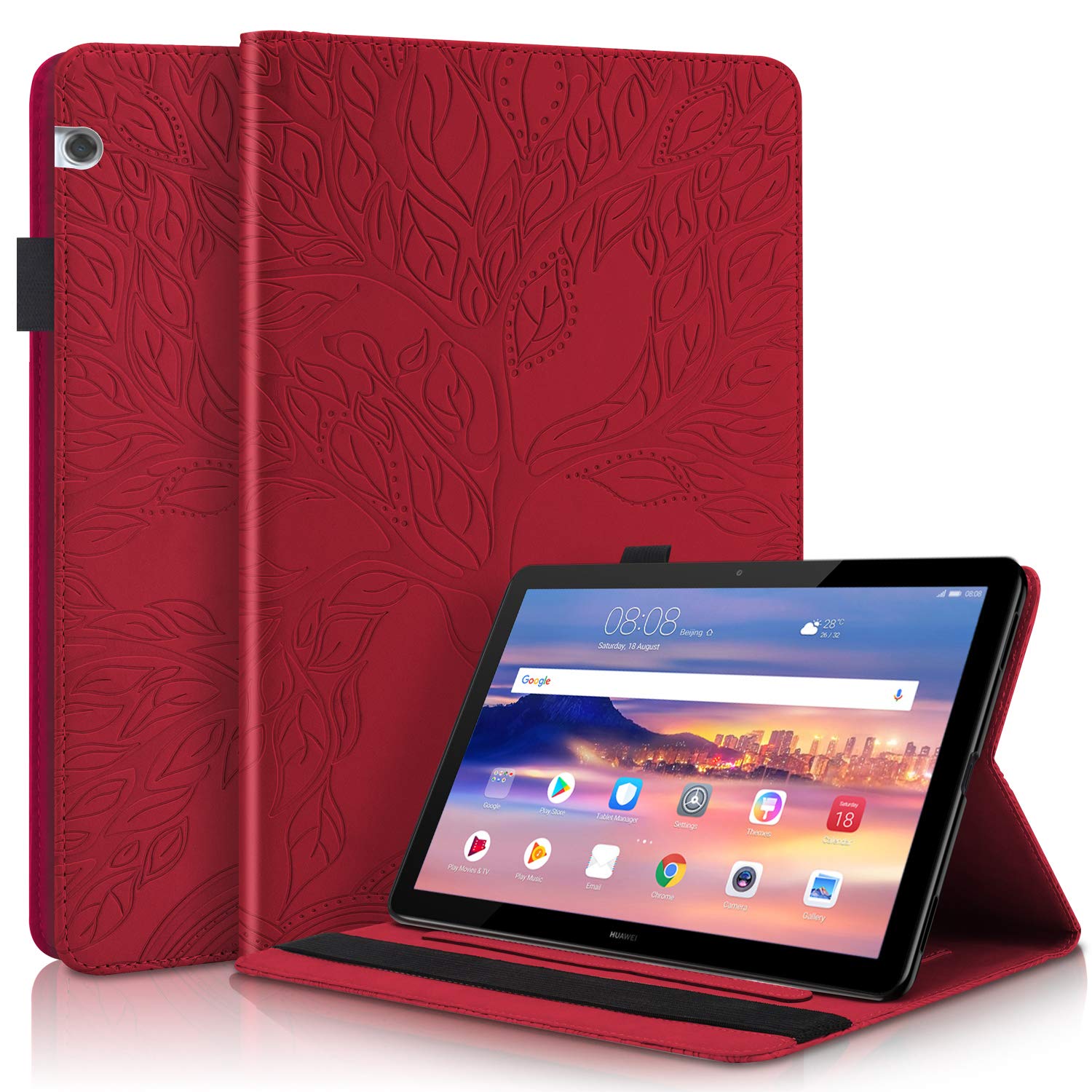 Aswant Huawei Mediapad T5 10 Case PU Leather Embossed Tree Desgin Wallet Folio Flip Cover Card Slot Pen Holder Stand Function Tablet Case for Huawei Tablet Mediapad T5 10.1 Inch 2018 - Red