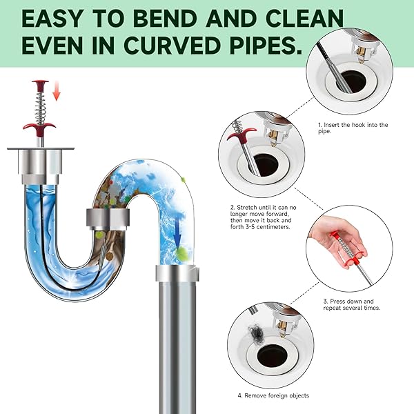SNAKE DRAIN HAIR REMOVAL TOOL (5 PCS): 4 X 50-INCH DRAIN HAIR REMOVERS + 63-INCH SHOWER DRAIN SNAKE BLOCKAGE REMOVAL TOOL, DRAIN BRUSHES FOR SHOWERS, TOILETS, BATHROOM SINKS AND BATHTUBS.