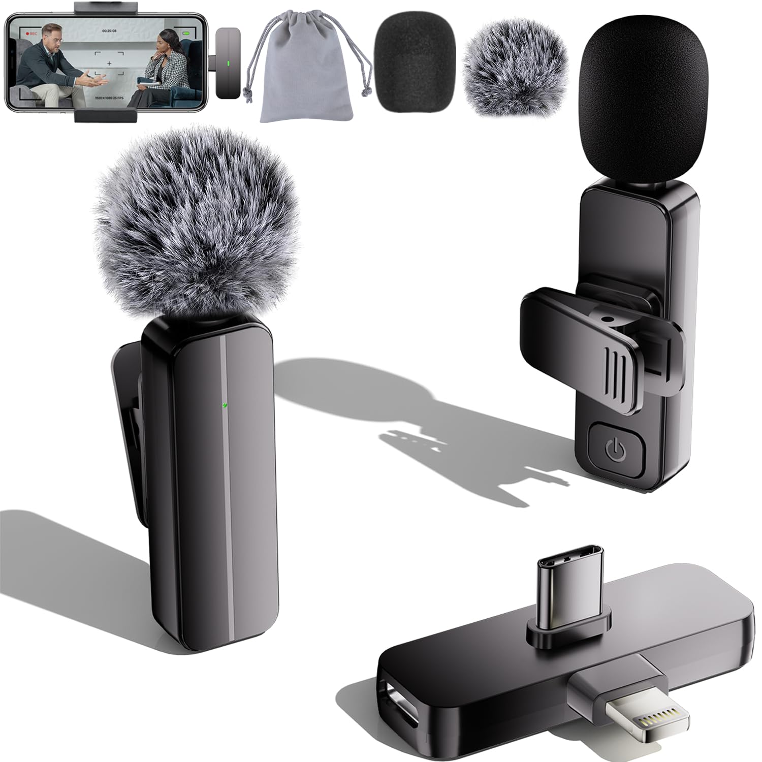 2-Pack Wireless Mini Lavalier Lapel Microphone for iPhone, Android(2 in 1)