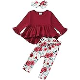 Kucnuzki Baby Girl Clothes Toddler Girl Outfit Ruffle Sleeve Shirt Floral Pant Set Fall Winter Clothing for Girl