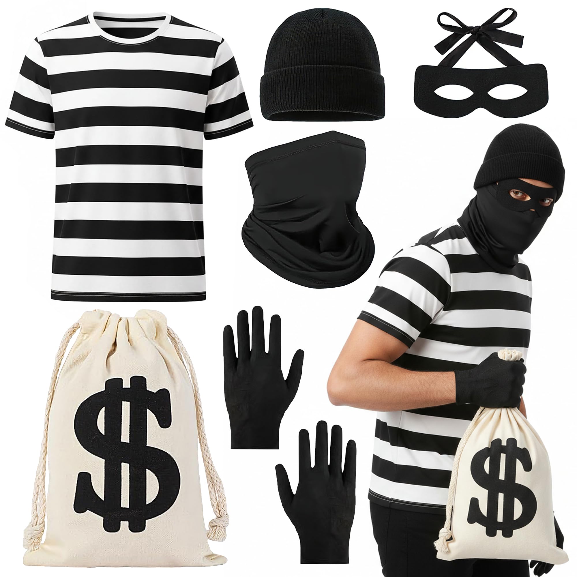 Soireeparty Robber Costume Adults 6 Piece Set, Burglar Fancy Dress with Short Striped T-Shirt Mask Swag Bag Hat Gloves, Thief Outfit for World Book Day Halloween Cosplay(XXL)