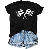 FCGHSII Racing Shirts for Women: Race Day Tees Checkered Flag Graphic T-Shirts Racecar Lover Short Sleeve Blouse Tops