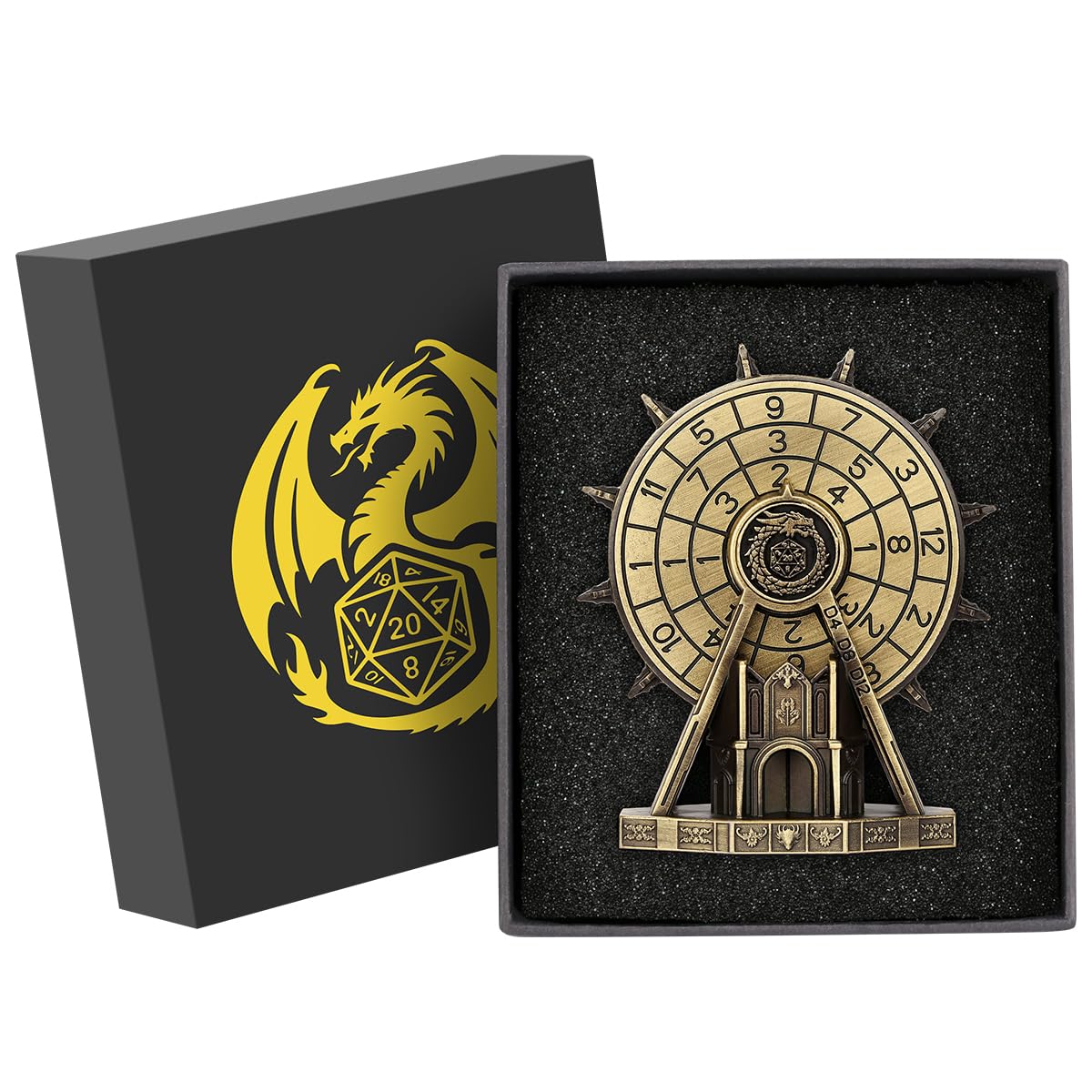 LULLEA Metal Dice Spinner – Ferris Wheel Style Polyhedral RPG Spinner with Dragon Crest, Fantasy Tabletop Gaming Accessory, Bronze with Gift Box
