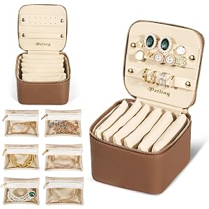 Travel Jewelry Case Organizer - Compact PU Leather Jewelry Box with 6 Small Portable Velvet Jewelry Pouches & 2 Inner Lid Slo