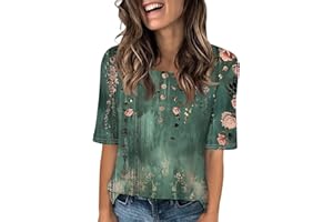XIAXOGOOL Womens Summer Tops Elbow Sleeve Tops Women Button Down T Shirts Scoop Neck Striped Floral Blouses Dressy Casual