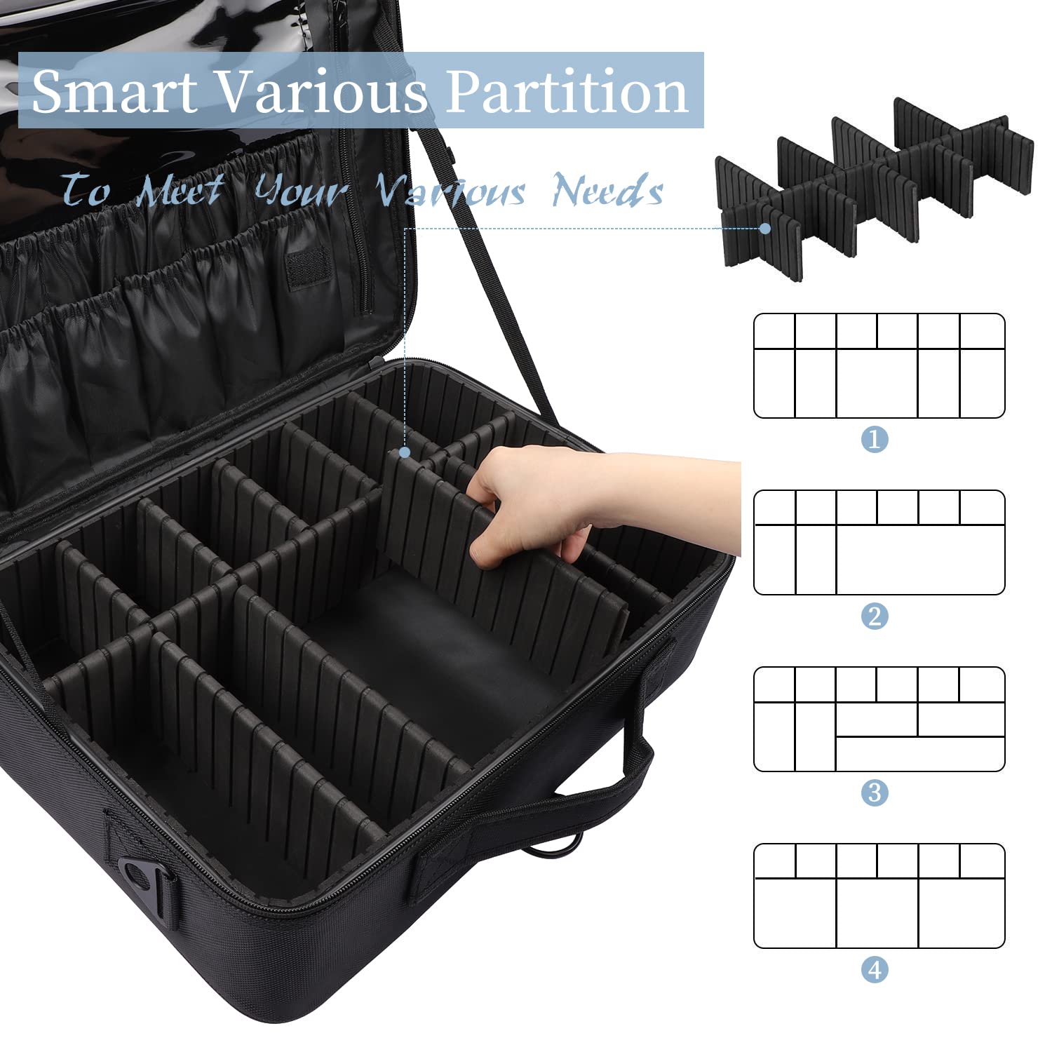 gzcz Large Capacity Travel Makeup Train Case,Professional Cosmetic Bags for Women,Portable Makeup Brush Bag Organizer Storage with Adjustable Dividers and Shoulder Strap