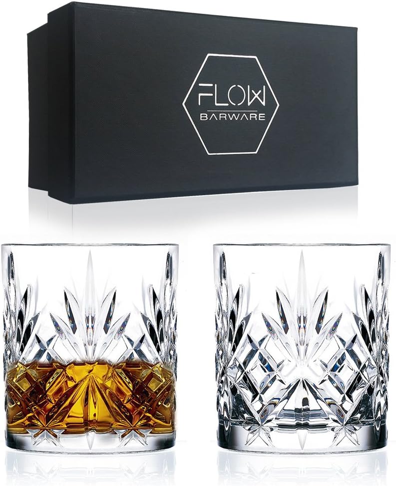 FLOW Barware Classic Whiskey Glasses Set of 2, Transparent, 2 Count (Pack of 1)