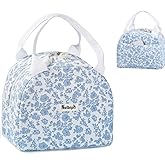 Nolbiph Cute Lunch Bag,Lunch Box for Women,Floral Lunch Bags,Reusable Large Capacity insulated Cooler Bag for Adult, Cute Corduroy Lunch Tote for Work Office Travel Picnic (Blue-Flower)