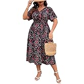 Floerns Women's Plus Size Boho Hawaiian Tropical Dresses V Neck Short Sleeve Floral A Line Long Dress Vacation Beach Outfits