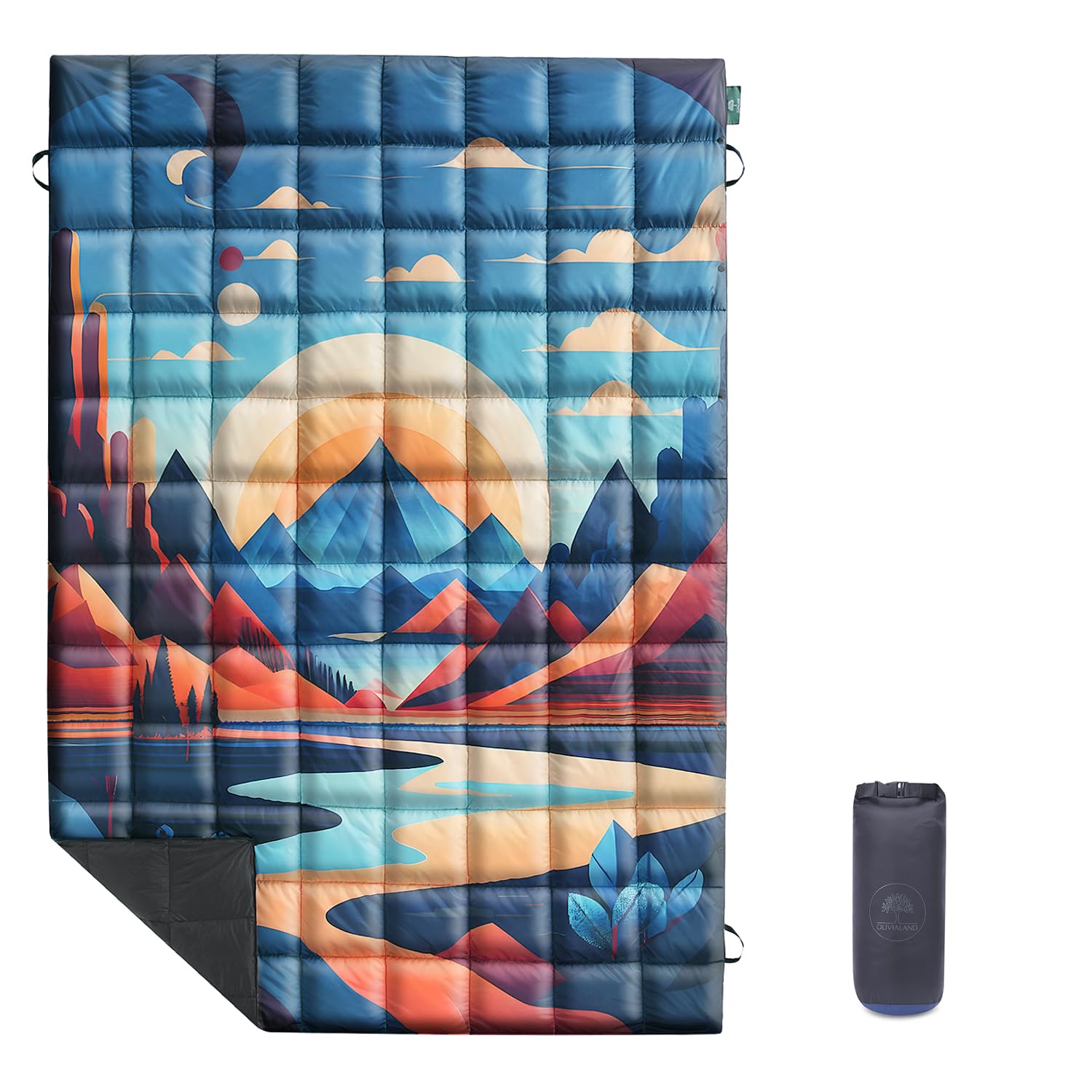Photo 1 of Olivialand Down Camping Blanket, Ultralight Compact Packable Throw with Snaps for Outdoor Indoor, Travel Stadium Concert Picnic Beach, Puffy 650 Fill Down Water-Resistant Quilt (Mountain Sunset)