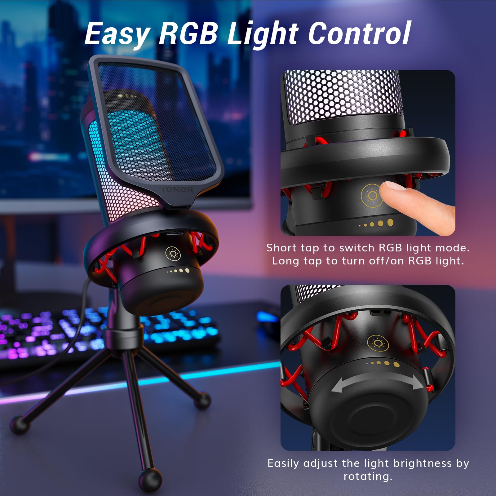 TONOR USB Gaming Microphone for PC, Cardioid Condenser Mic with Adjustable RGB Modes & Brightness, Quick Mute, Gain Control, for Streaming, Podcasting, Recording, PS4/5 Desktop Mic TC310